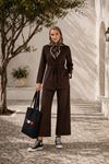 Kadın taş detaylı kuşaklı blazer ceket ve bol paça pantolon takım DKMRS003
