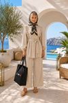 Kadın fırfır detaylı kuşaklı tunik bol paça pantolon ikili tesettür takım TG021