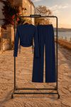 Kadın büzgü detaylı crop bluz bol paça pantolon ikili takım CLT022