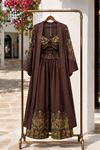 Kadın kahverengi desenli büstiyer kimono pantolon üçlü premium takım DKMN01