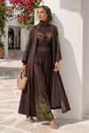 Kadın kahverengi desenli büstiyer kimono pantolon üçlü premium takım DKMN01